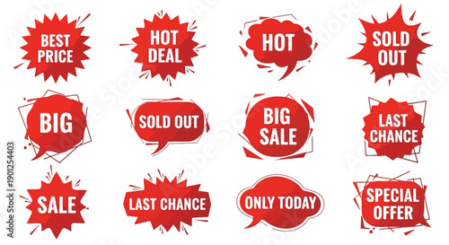 Collection of red sale and discount tags with various marketing messages like 'Best Price', 'Hot Deal', 'Sold Out', and 'Special Offer'.