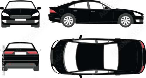 Black sedan car vector illustration set showing front side rear and top views of modern passenger vehicle isolated on white background for automotive design