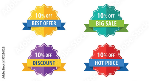 Four colorful starburst sale badges with text indicating discounts and offers like '10% off best offer', '10% off big sale', '10% off discount', and '10% off hot price'.
