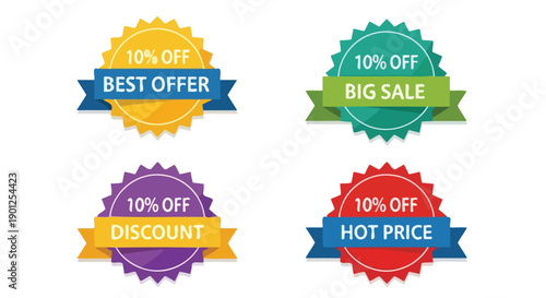 Four colorful discount badges with "10% OFF" and different sale messages like "BEST OFFER", "BIG SALE", "DISCOUNT", and "HOT PRICE".