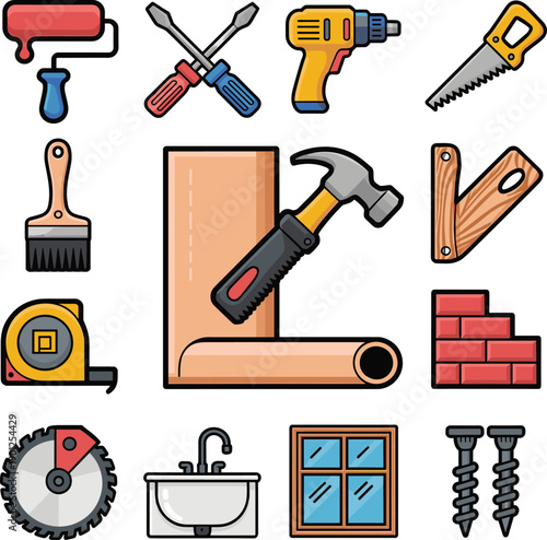 Colorful construction tool icons set, with hammer, saw, drill, paint roller, tape measure, sink, window, screws, circular saw, screwdriver illustration
