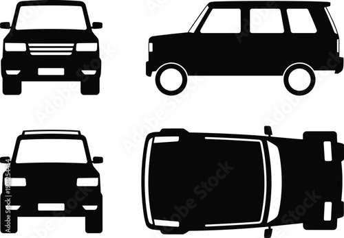 Car silhouette icon set showing front side and top views of passenger vehicle isolated on white background for transportation automotive and design concepts
