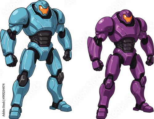 Two robots in blue and purple armor with orange visors robot armor blue robot purple robot