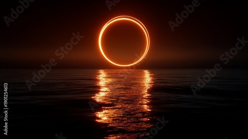 glowing orange energy ring floating above ocean cinematic surreal scene