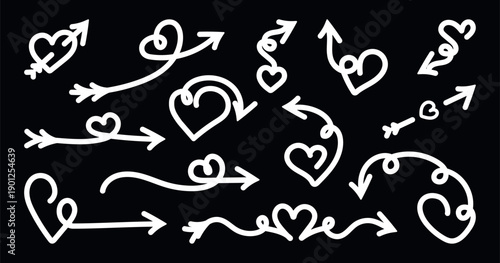 Heart Arrow Set Vector Hand Drawn Symbols on Black Background. Valentine's Day Romantic Icons Collection with Curved Lines. Cupid's Arrows Art.