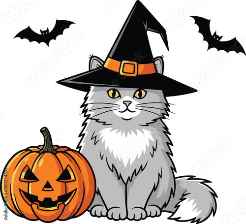Cartoon gray cat in witch hat with jack o lantern and bats Halloween