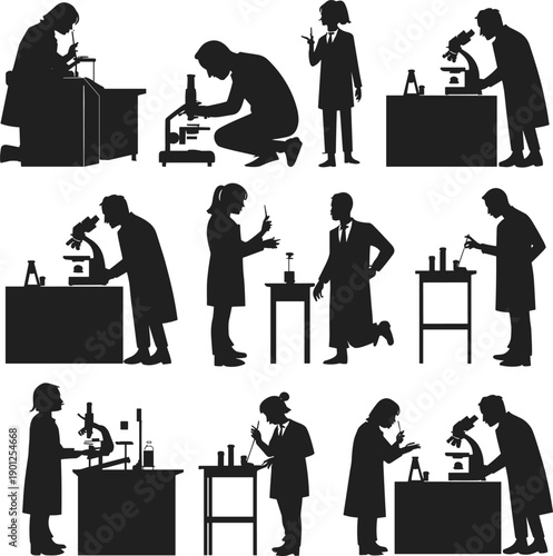 Scientists working in laboratory silhouette set showing research experiments chemistry biology and medical analysis using microscopes and lab equipment isolated on white background