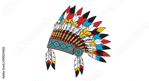 Vivid Native American Style Headdress Adorned with Colorful Feathers and Intricate Turquoise Beadwork.
