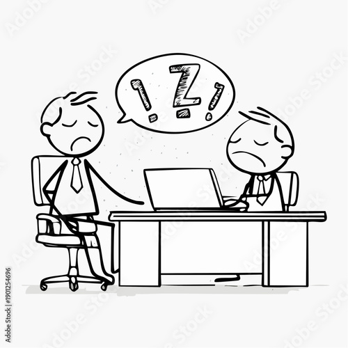 Line drawing of two stressed businessmen reacting to a laptop screen in a simple office setting with a plain white background.