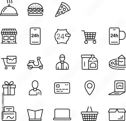 Minimal food delivery ecommerce icon set, restaurant shopping cart order payment symbols, online service outline vector collection