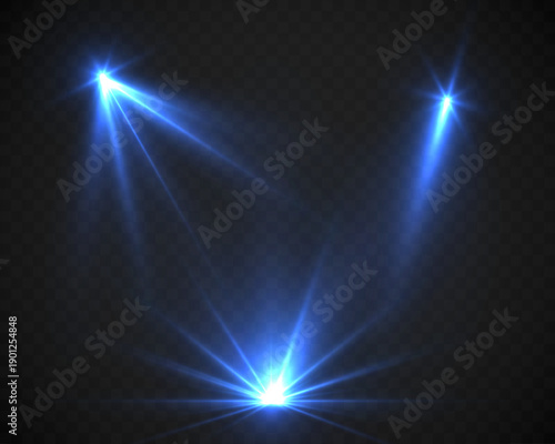 Blue stage spotlights and laser-like beams shining in multiple directions on a dark transparent background, creating a dynamic concert, club and performance lighting effect.
