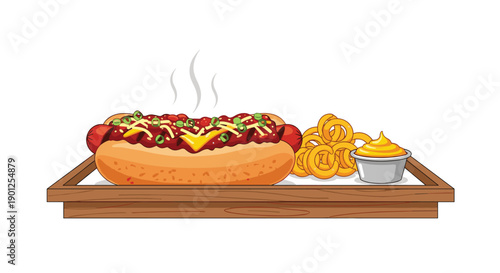 Hot Steaming Chili Dog Topped with Cheese and Green Onions, Served with Curly Fries on a Tray.