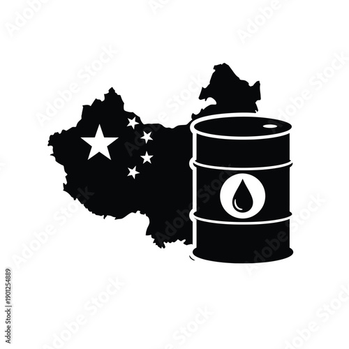 Black silhouette of a map with stars and an oil barrel on a, symbolizing energy or petroleum resources
