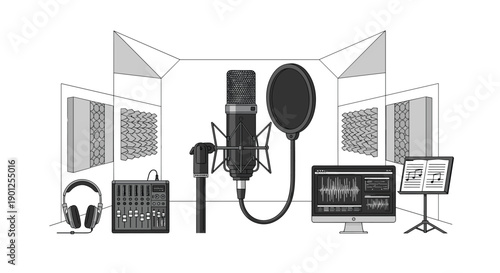 Comprehensive Home Recording Studio Setup with Microphone, Mixer, Monitor, and Acoustic Panels.