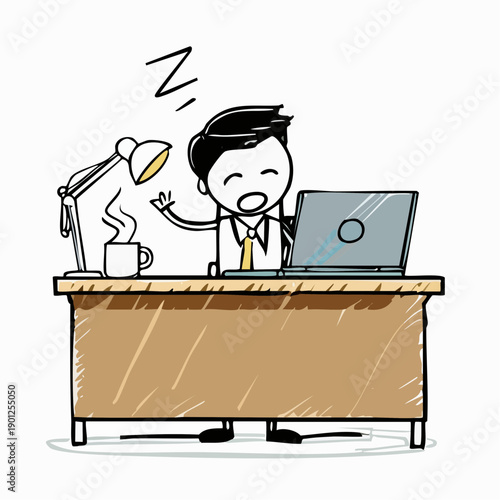 Cartoon illustration of a stressed businessman sitting at a desk with a laptop, lamp, and coffee cup on a plain white background.