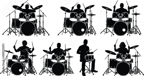 Black silhouettes of people playing drums drum set drum kit cymbals musicians