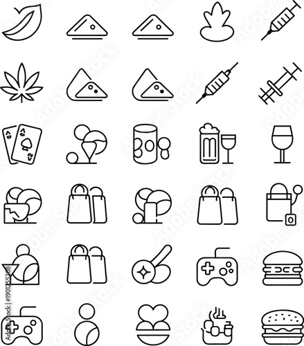 Minimal lifestyle entertainment icon set, cannabis alcohol food game shopping symbols, modern leisure outline vector collection
