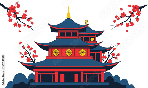 Japanese pagoda temple with cherry blossoms Japanese architecture red flowers