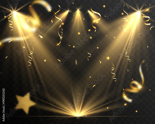 Golden spotlights with falling confetti, ribbons and stars on a dark background, creating a glamorous award show, celebration or festive event scene.
