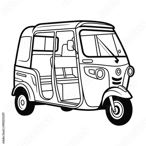 Front view of an open door threewheeled auto rickshaw illustration for commercial transport