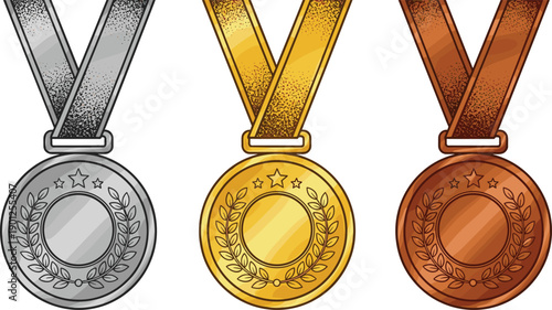 Gold silver bronze medals with laurel wreaths and stars on white background gold medal
