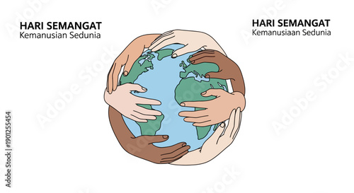 Illustration of diverse hands holding a globe with 'World Humanitarian Day' and 'Hari Semangat Kemanusiaan Sedunia' text, symbolizing global solidarity and humanitarian aid with a graphic