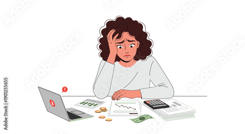 Distressed Woman Displaying Financial Worry at a Table with Laptop, Graph, and Scattered Money.