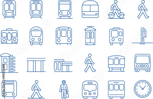 Minimal public transport icon set, train tram bus metro walking cycling symbols, urban transit outline vector collection