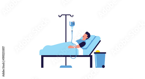 Male Patient Resting Comfortably in a Hospital Bed with an Intravenous Drip, Depicting Healthcare.