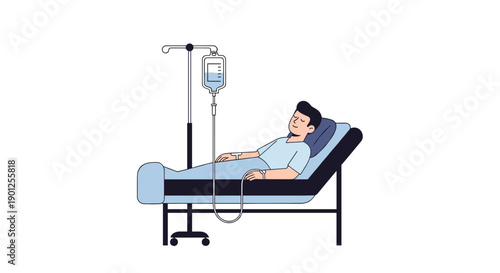 Young Man Patient Lying Relaxed in a Hospital Bed with an Active Intravenous Drip, for Medical Care.