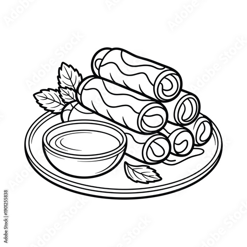 Handdrawn illustration of delicious spring rolls with a dipping sauce and fresh mint leaves on a plate