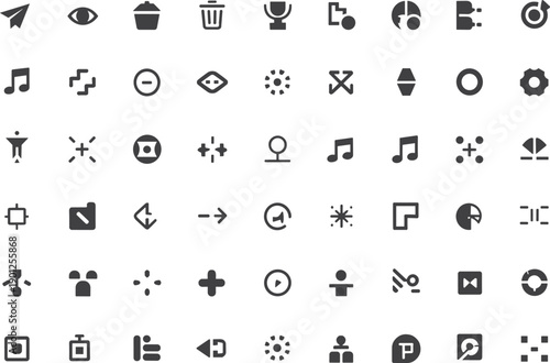 Minimal solid user interface icon set, arrows media controls settings symbols, modern app web glyph vector collection