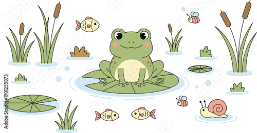 Cute frog sitting on lily pad pond scene with fish snail reeds cartoon vector
