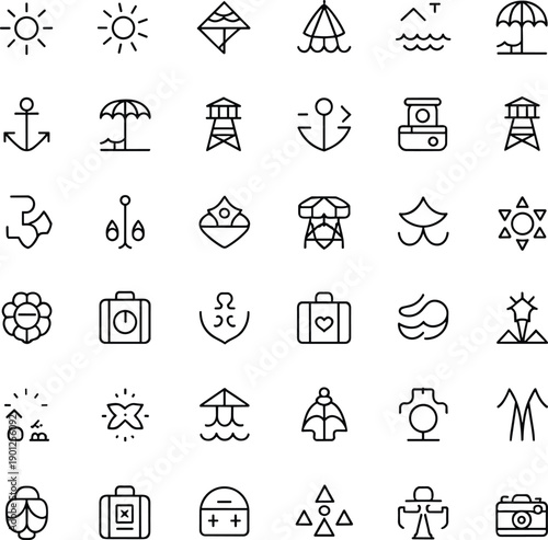 Minimal summer travel icon set, beach sun sea vacation symbols, tourism outdoor leisure outline vector collection