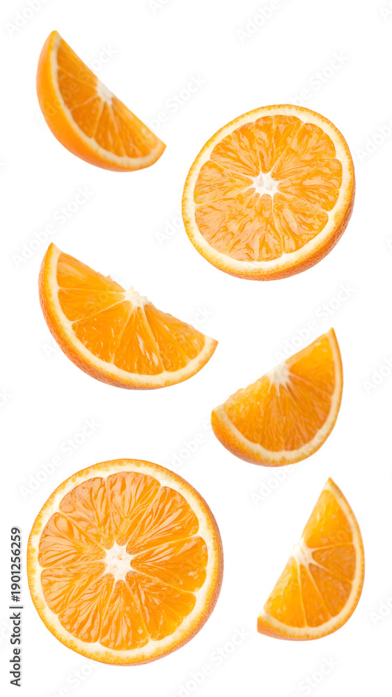 Fototapeta premium Falling orange slices and wedges isolated on transparent background