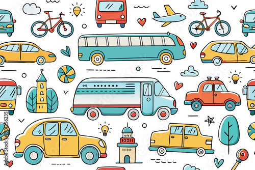 Vehicle themed seamless pattern on white background with cartoon cars buses bicycles and airplanes in various colors
