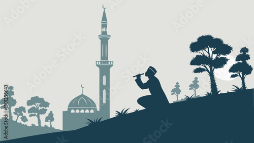 Man calling for prayer from a mosque minaret at sunset