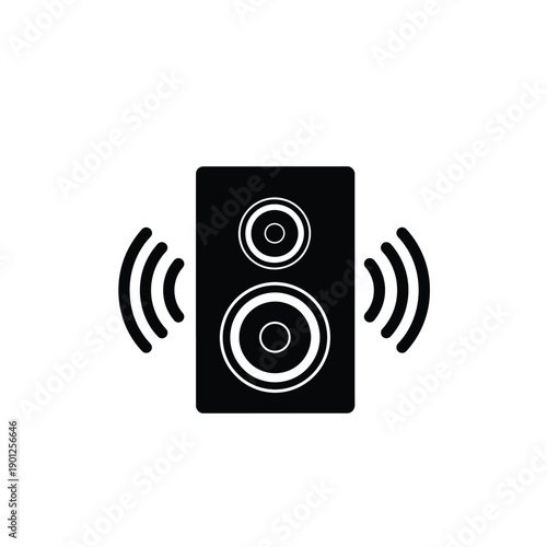 A black and white icon of a speaker with sound waves emitting from it