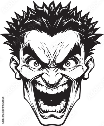 Angry Comic Villain Face Mascot Logo in Black and White Vector Style