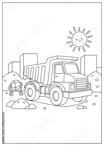 Dump truck coloring page features a heavy vehicle for kids to learn and play