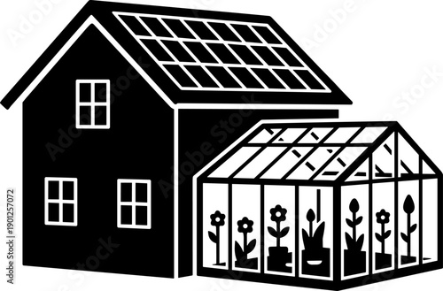 Modern Sustainable Home Icon: Residential Building with Solar Energy Panels and Glass Greenhouse for Organic Urban Gardening and Eco-Friendly Lifestyle Vector Graphic.