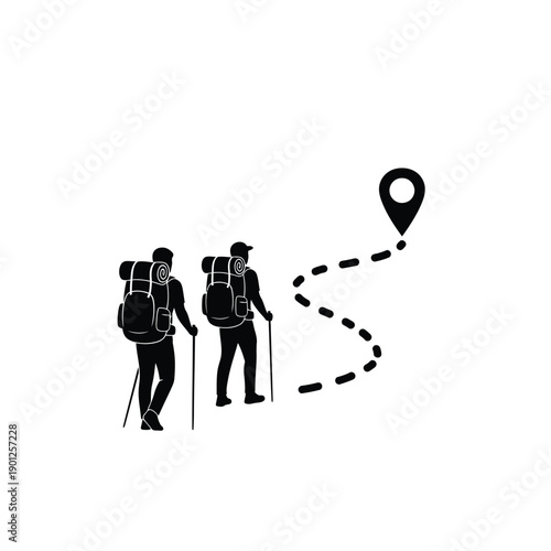 Black silhouette of two hikers with backpacks walking along a winding path towards a location marker