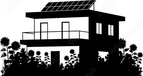 Eco-Friendly Modern House Silhouette: Vector Icon of a Sustainable Two-Story Home with Rooftop Solar Panels and Lush Sunflower Garden – Renewable Energy Architecture and Green Living Concept.