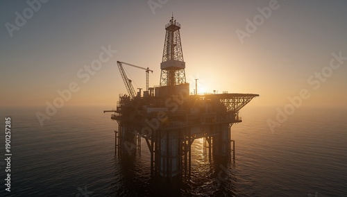 Offshore oil rig at sunset, industrial platform in the ocean with warm golden light