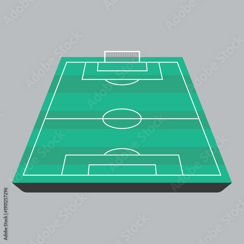 Minimal green soccer field illustration with clear white field markings in a simple isometric style. Suitable for sports design, football concepts, infographics, apps, and game-related visuals.
