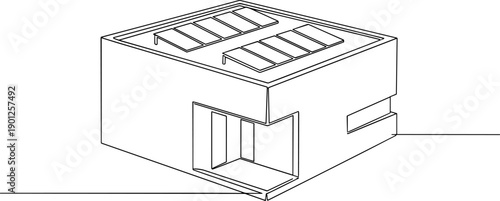 Continuous Line Drawing of Modern Modular Building with Solar Panels on Roof. Minimalist Isometric Architecture Vector Illustration for Sustainable Design and Renewable Energy Concepts.