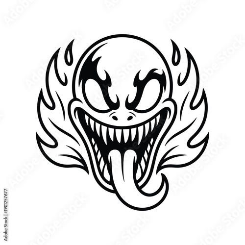 Scary monster face with sharp teeth and long tongue surrounded by flamelike shapes