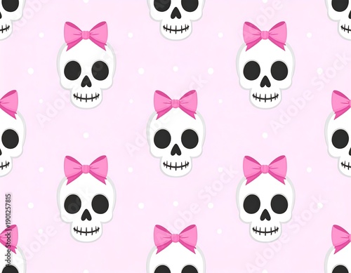 Skull & bow pattern white skulls with pink bows on a pink dotty background