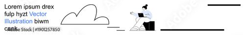 Online communication, technology, cloud computing, digital work, remote learning, internet usage. A woman seated with a laptop and a cloud element in a minimalist style. Online communication