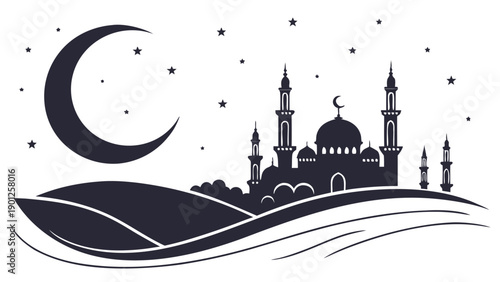 Serene mosque silhouette under starry night sky with crescent moon